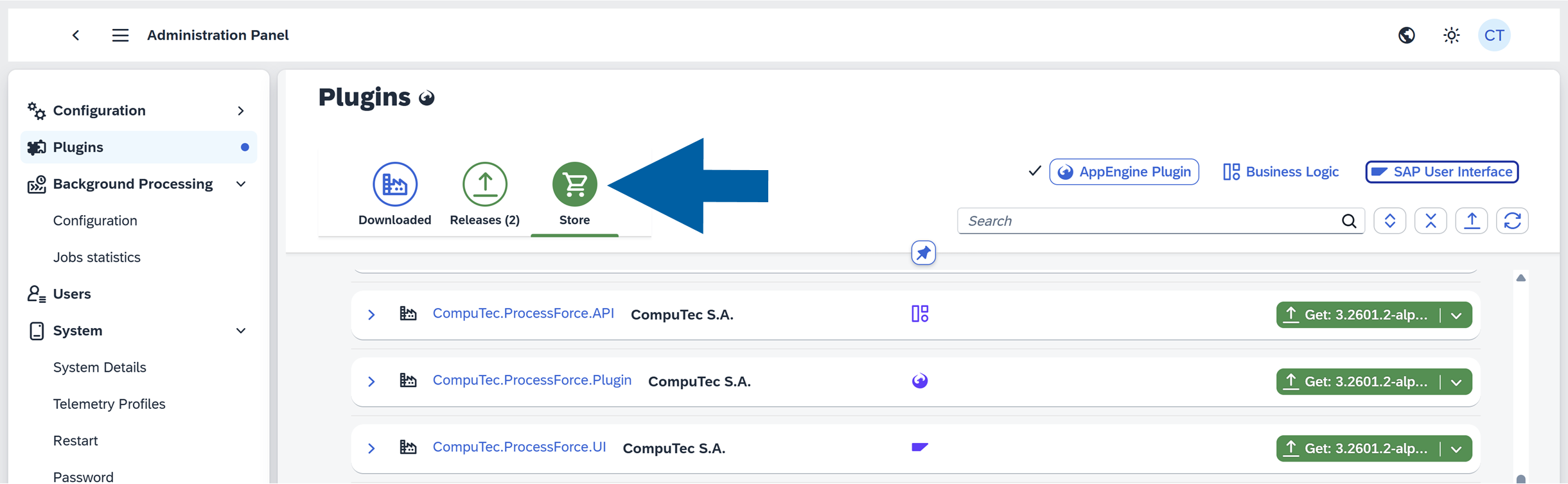 CompuTec AppEngine Plugins section interface with tabs displayed. The Store tab is highlighted and selected, showing the available plugins available for download and installation.