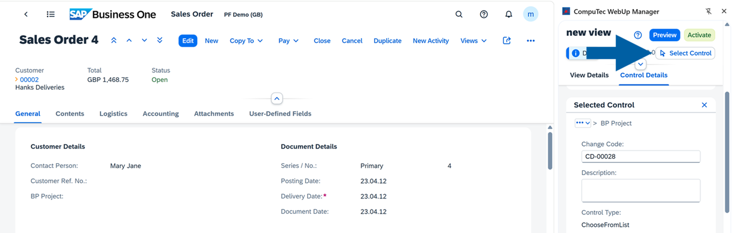 SAP Business One Web Client Sales Order screen with the CompuTec WebUp Manager side panel open and the Select Control button visible in control details