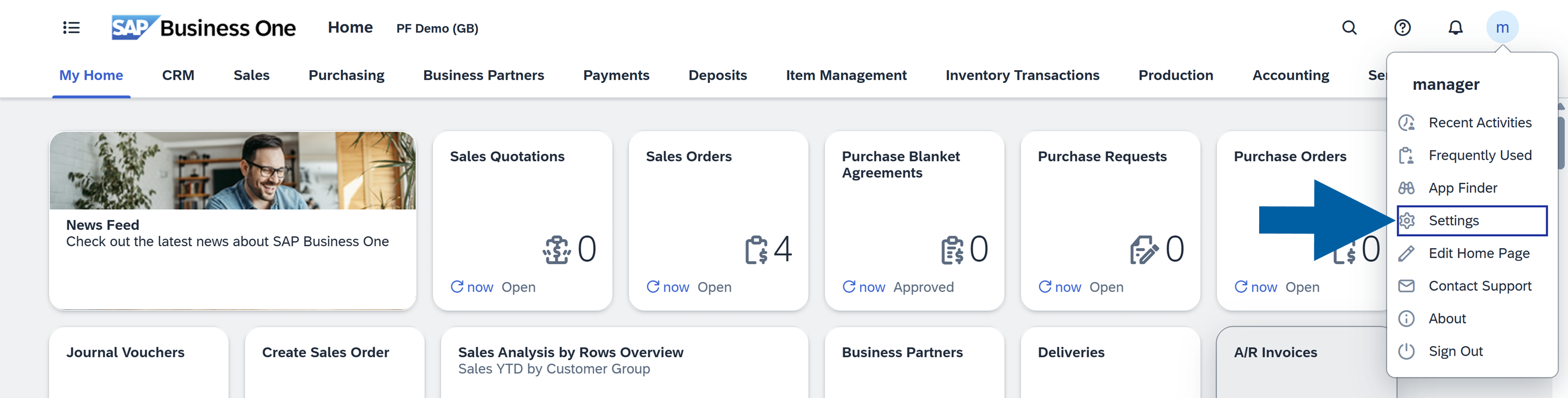 SAP Web Client interface with profile menu open and Settings option highlighted in the top right corner