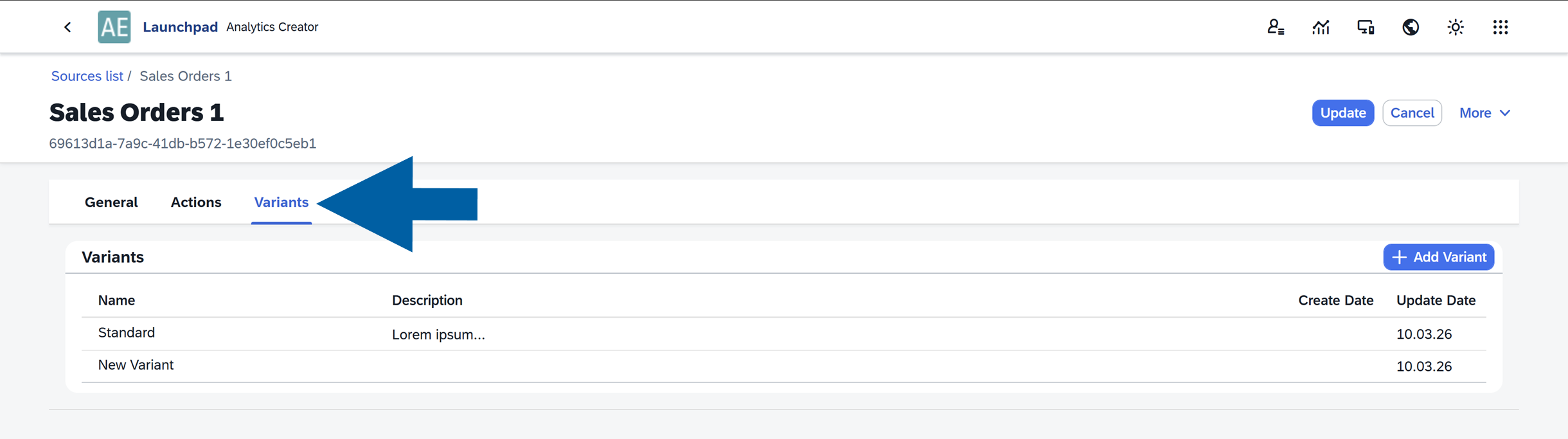 screen showing variants tab