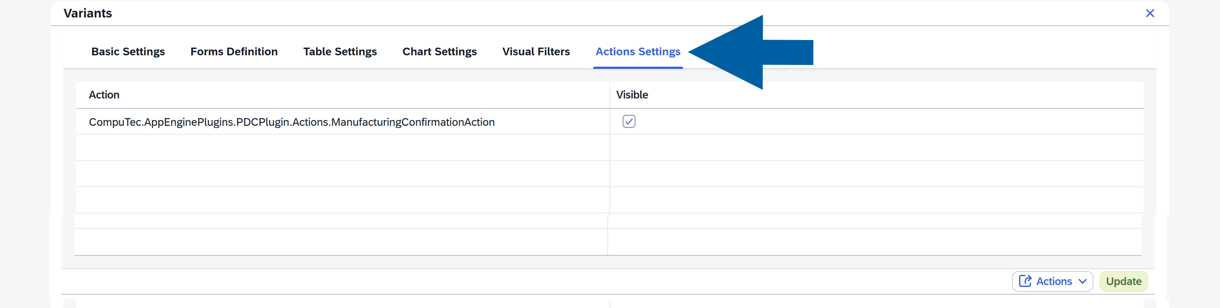 screen showing action settings section