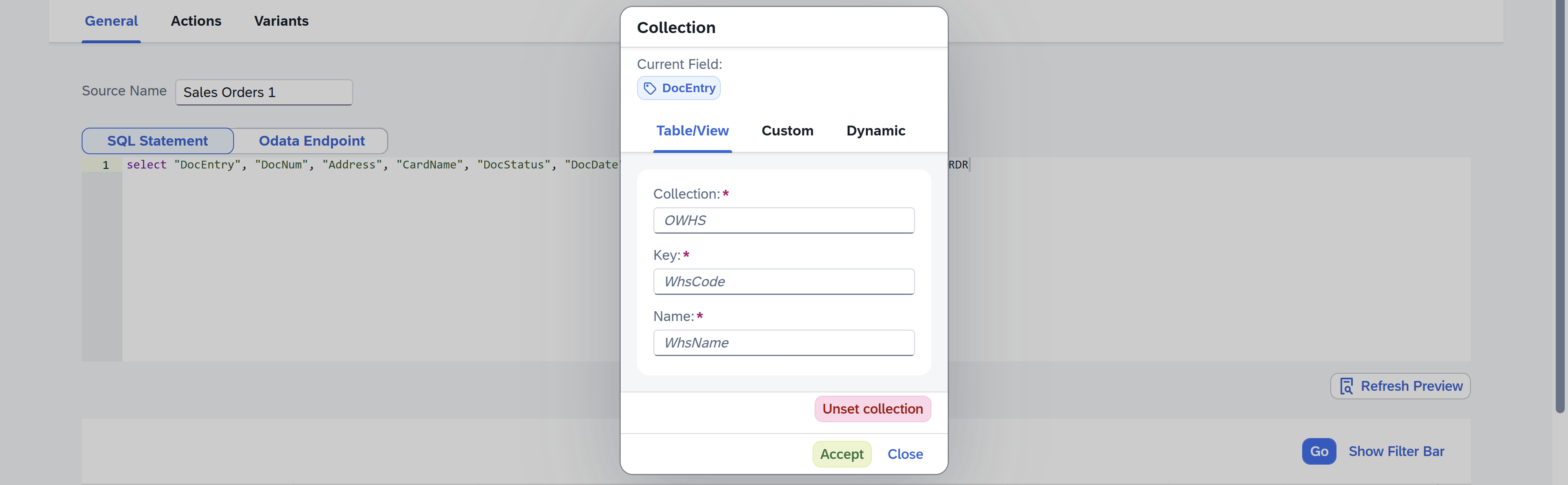 screen showing table/view collection