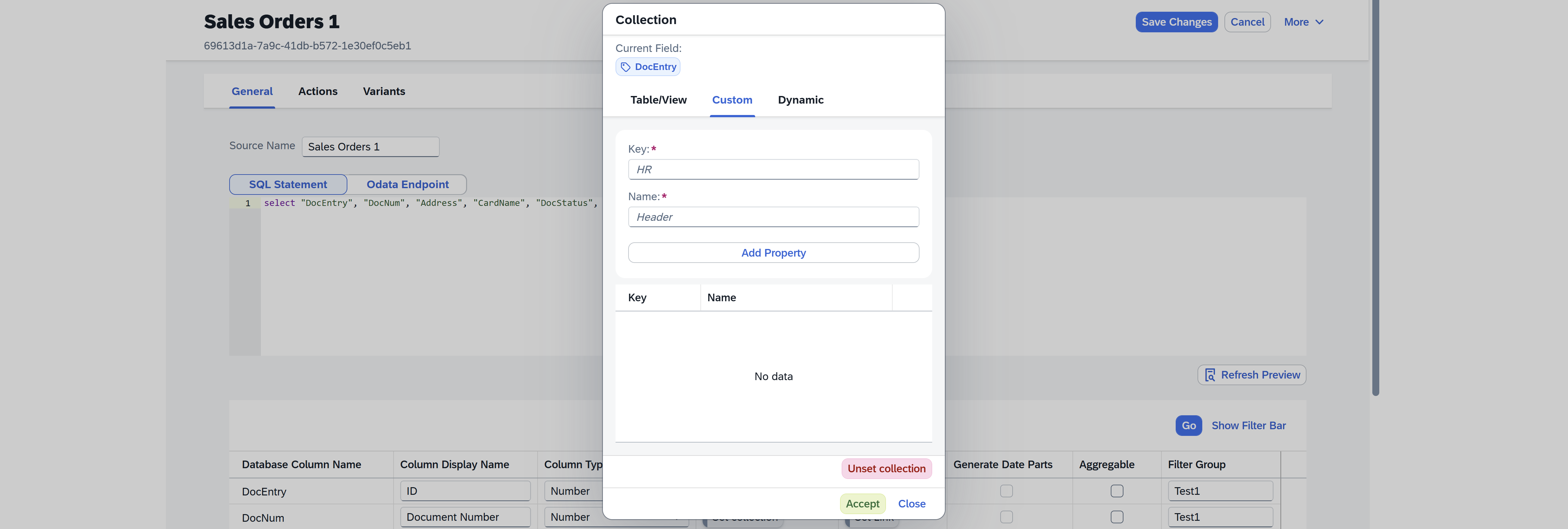 screen showing custom collection