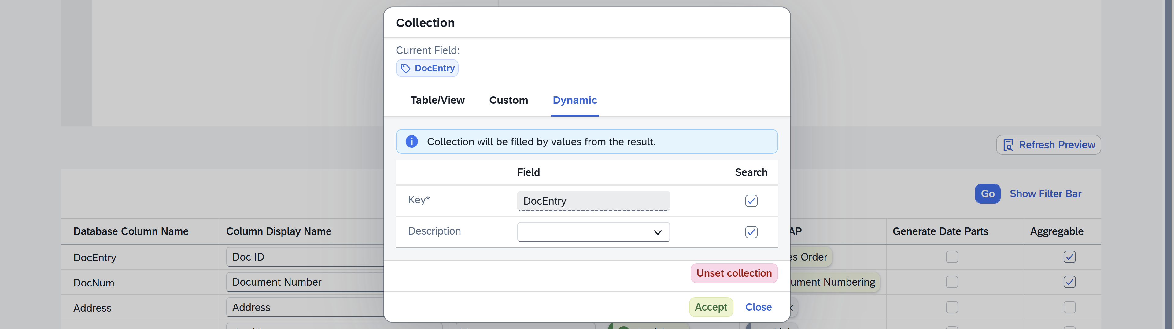 screen showing dynamic collection