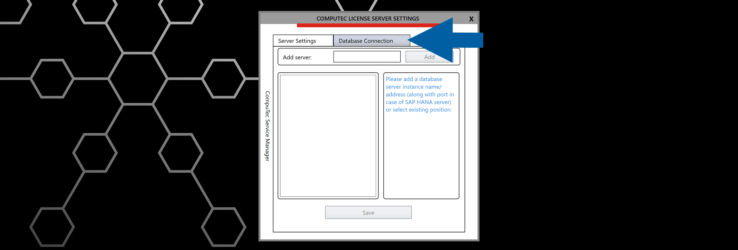 CompuTec License Server Settings window with Database Connection tab selected, showing input field for Add server with blue arrow pointing to the tab