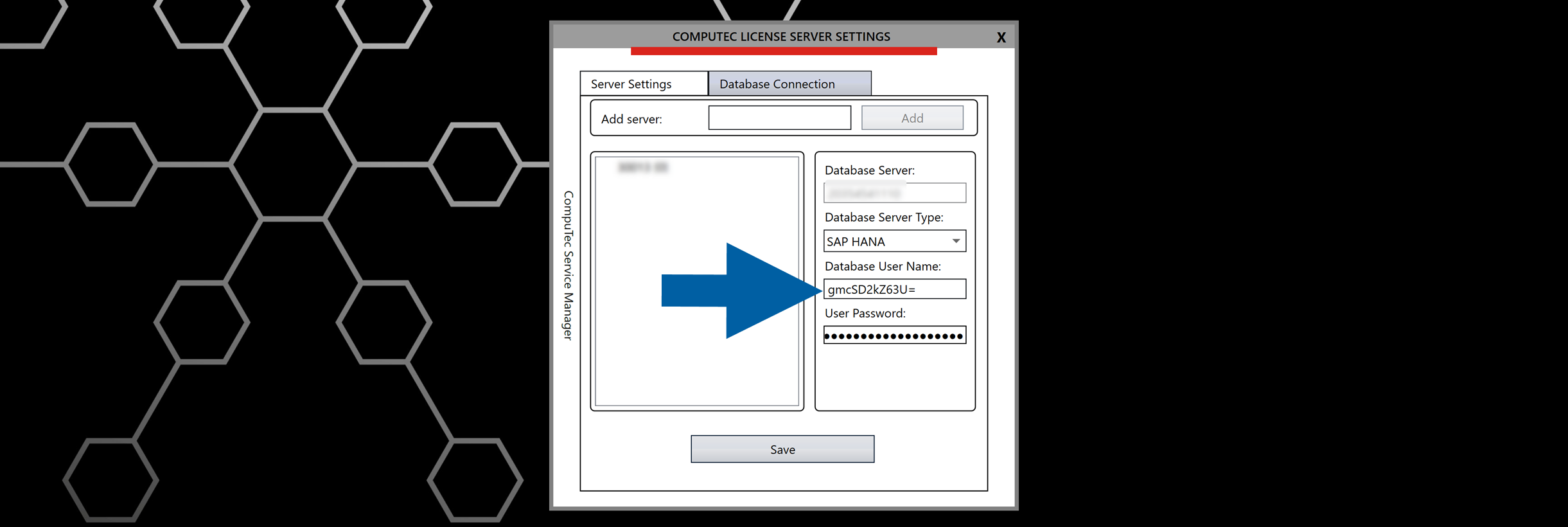 Database Connection showing selected server with masked credential fields for database user name and password displaying asterisks for security protection