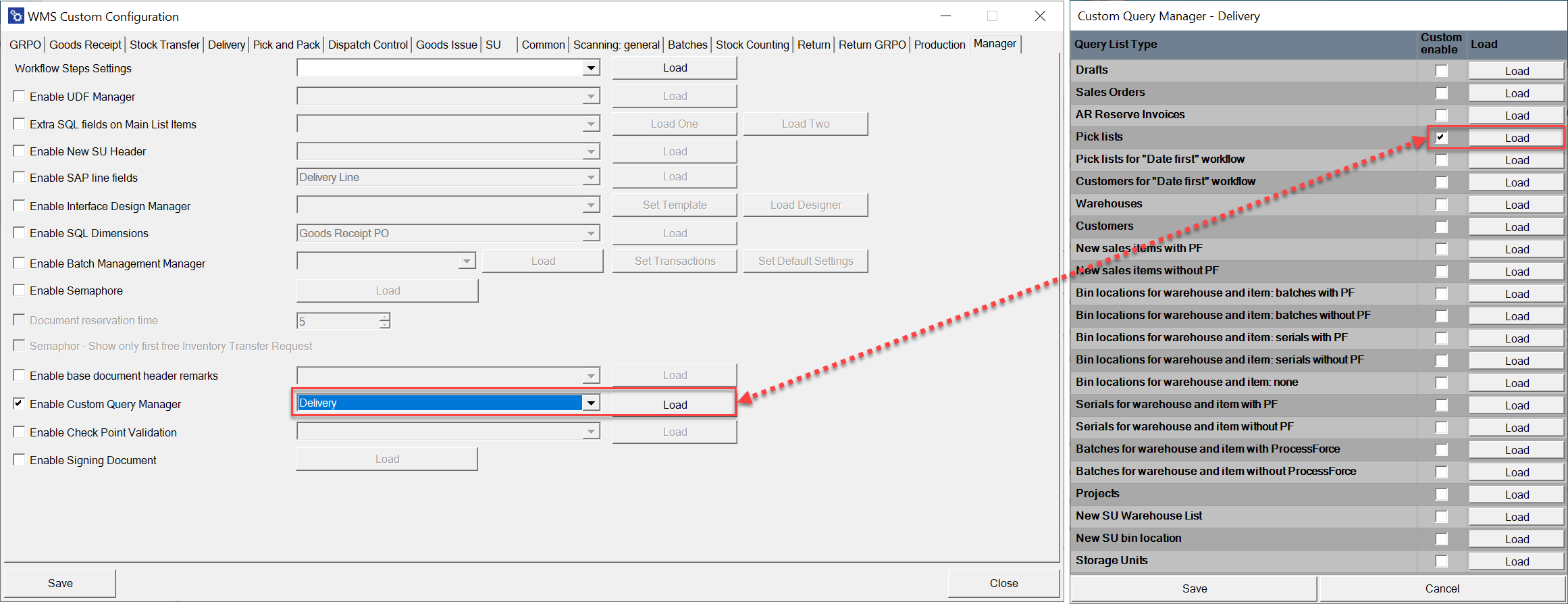 Delivery query example screenshot showing pick list status filter change