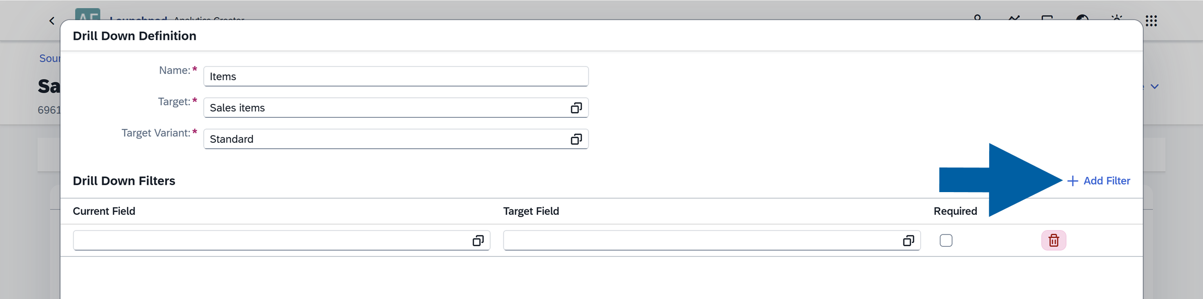 screen showing adding filters to drill downs