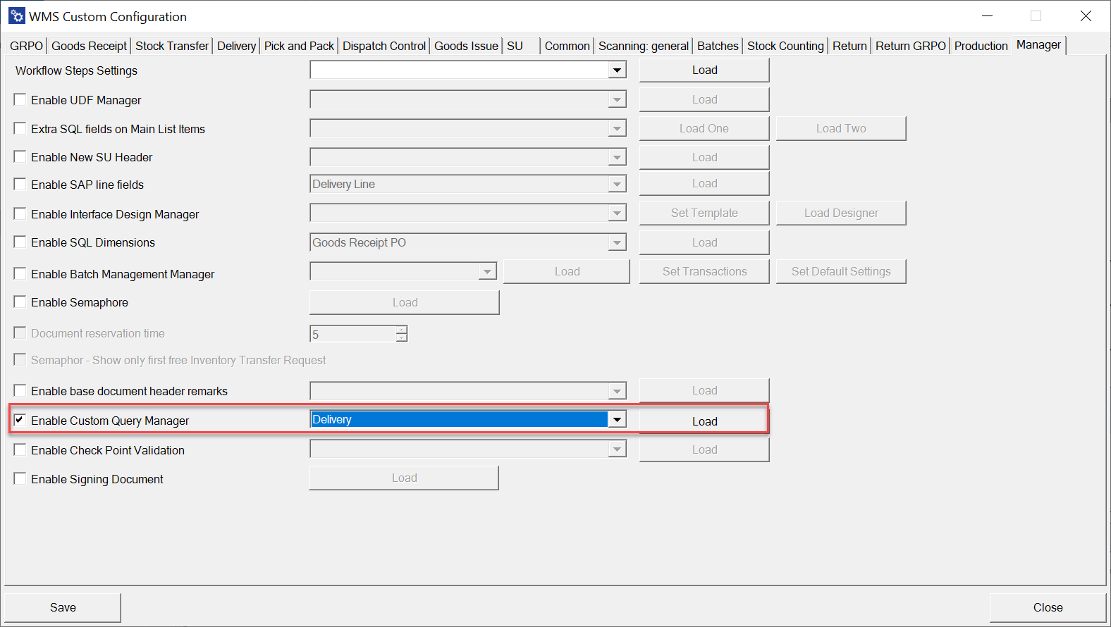 Screenshot showing enable custom query manager option within delivery settings