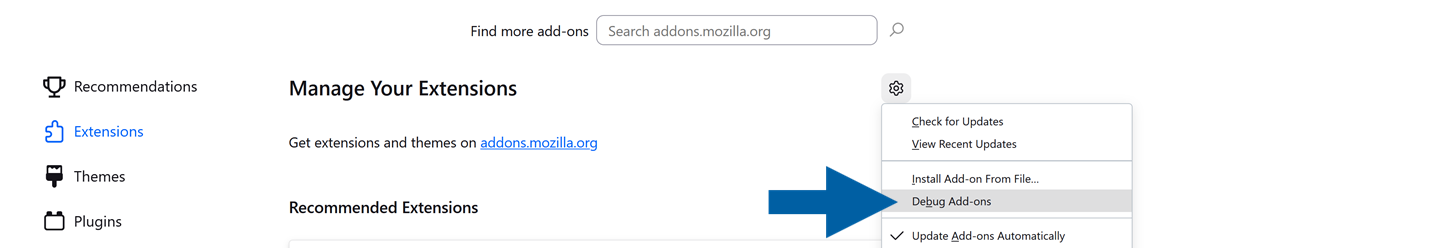 Mozilla Firefox Extensions page with gear icon menu open and Debug Add-ons option selected