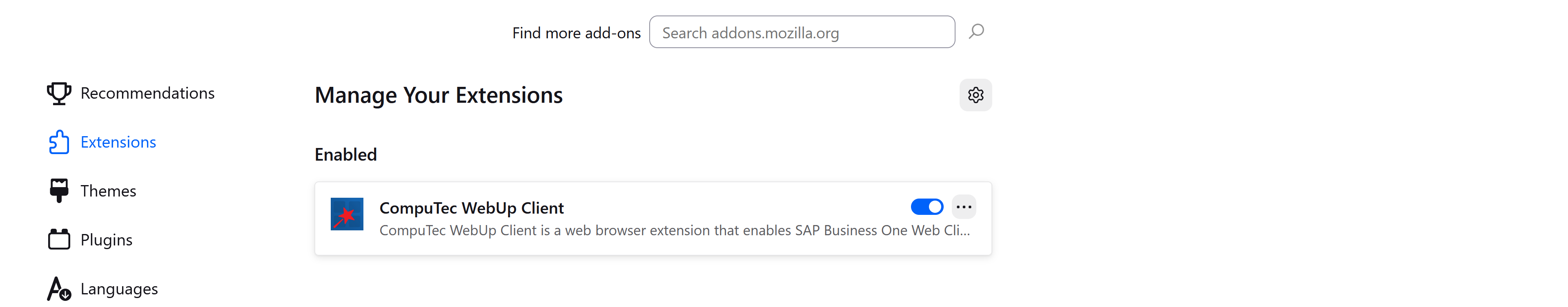 Mozilla Firefox Extensions list showing CompuTec WebUp Client as installed