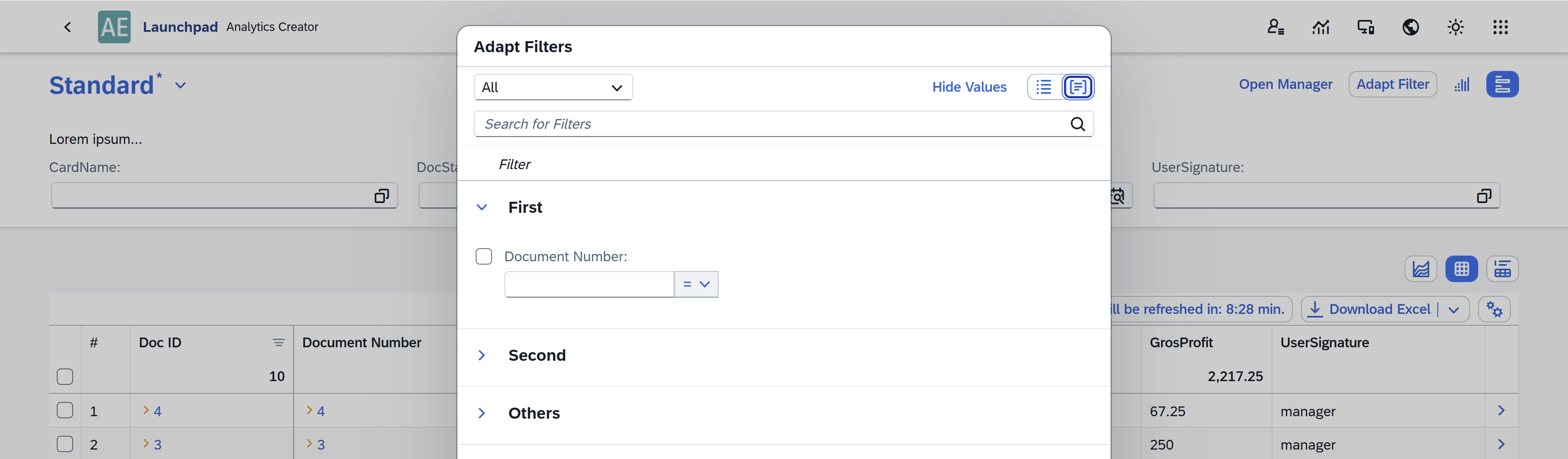 screen showing filters organized accordning the filter groups in the report