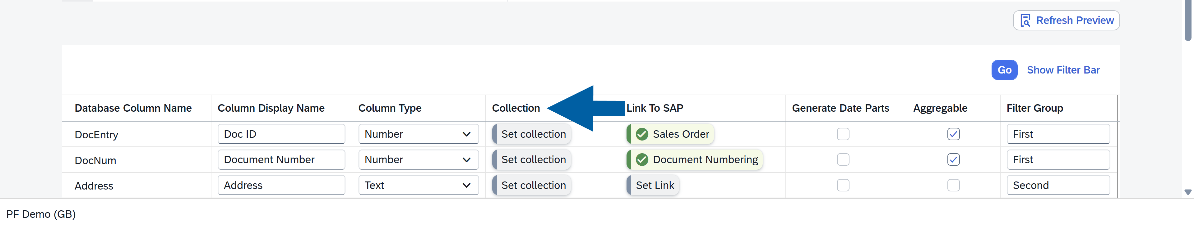 screen showing where to set a collection