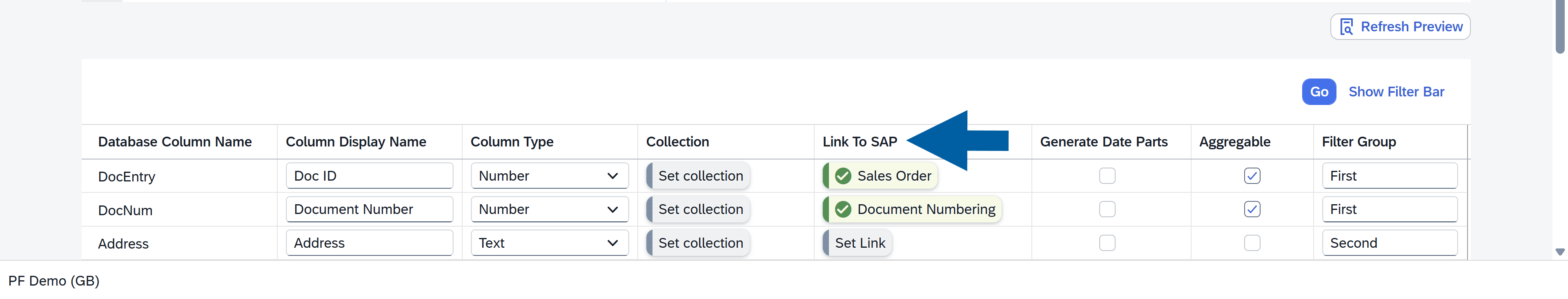 screen showing where to set a link to sap data