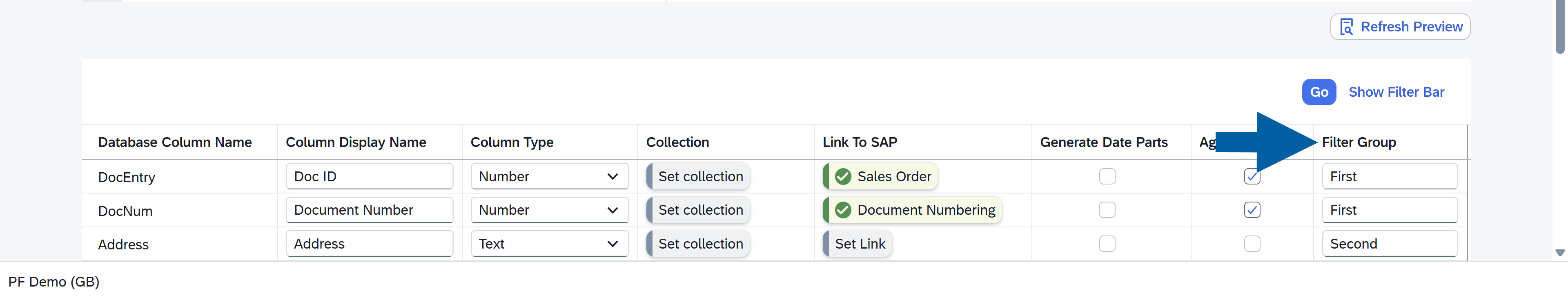 screen showing where to configure filter group
