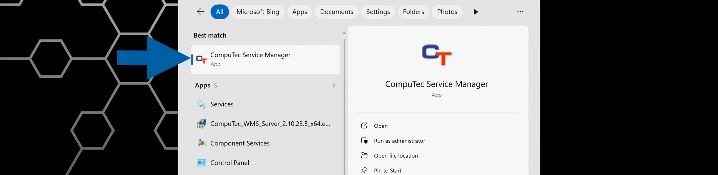 Windows Start menu with CompuTec Service Manager application highlighted and ready to launch