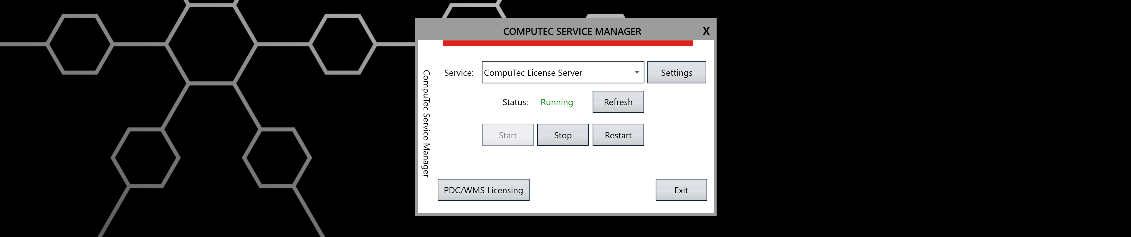 CompuTec Service Manager main window displaying a list of available services with status indicators and control buttons for Start, Stop, and Refresh actions
