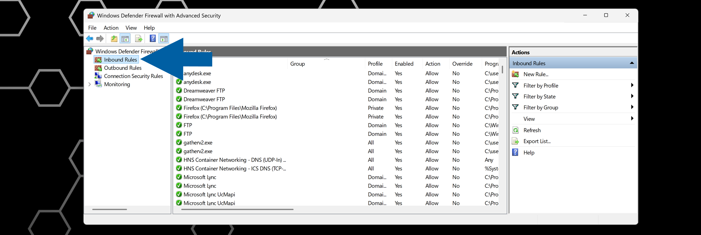 Windows Defender Firewall with Advanced Security window with Inbound Rules selected in the left pane and rule list area on the right
