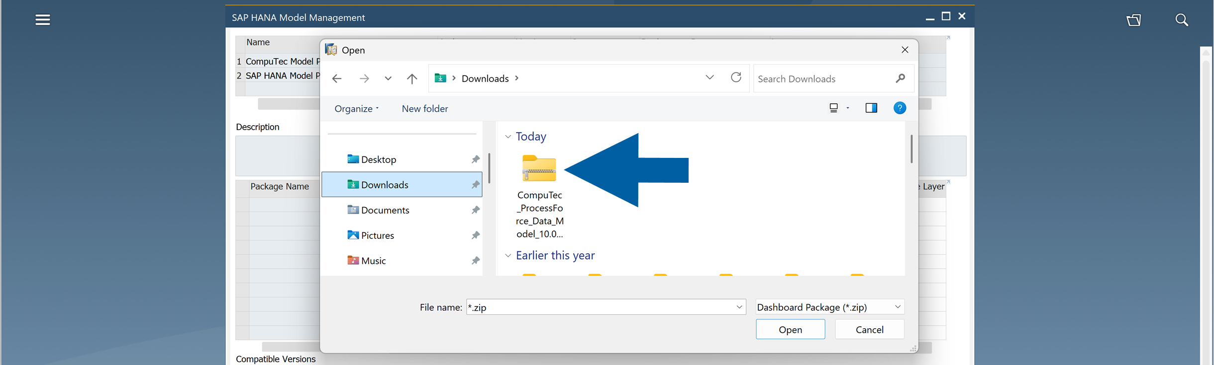 File selection dialog in SAP Business One for choosing downloaded model.zip package