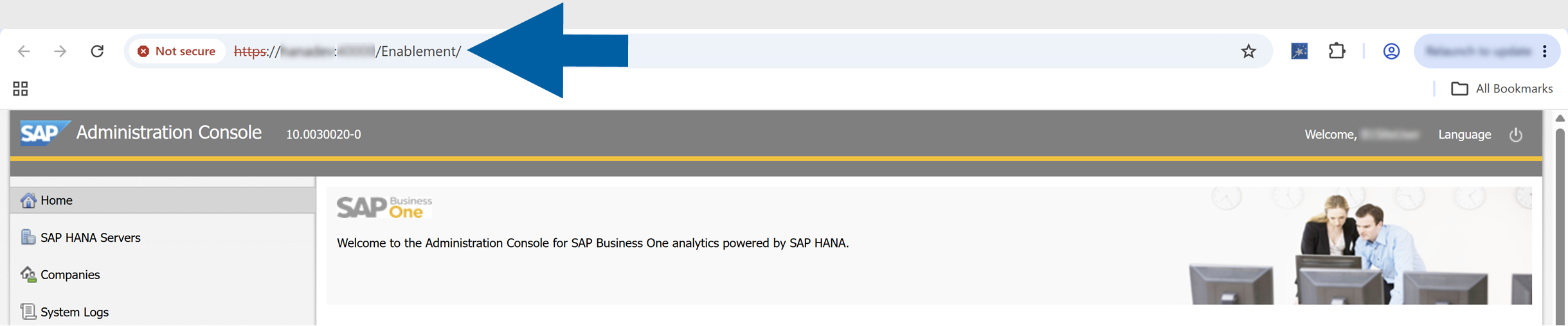 SAP Business One Analytics Enablement web page in browser showing server address and port fields