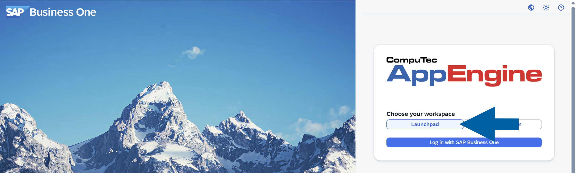 Screenshot showing CompuTec AppEngine Launchpad login interface with AppEngine branding, a white card over a mountain background, and navigation for choosing a workspace. The visible text includes Choose your workspace, Launchpad, and Log in with SAP Business One. The screen has a clean business application design with a calm blue environment.