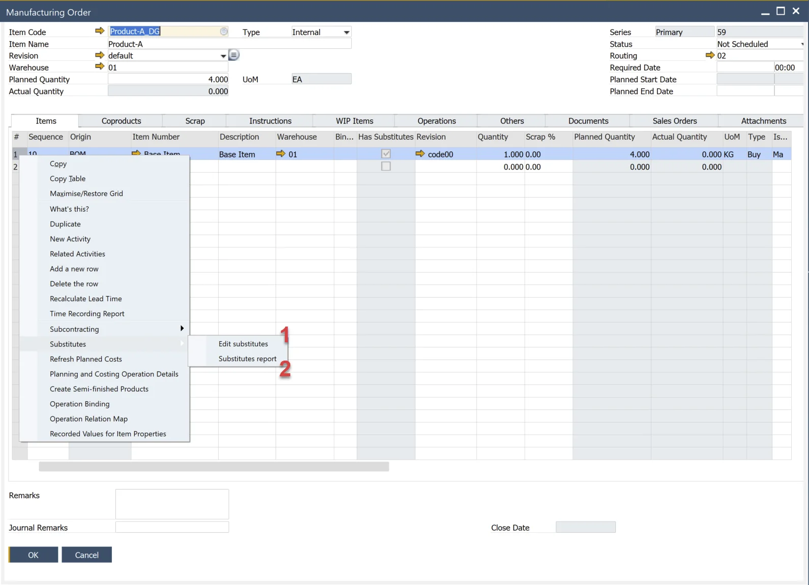 Manufacturing Order Substitute Options