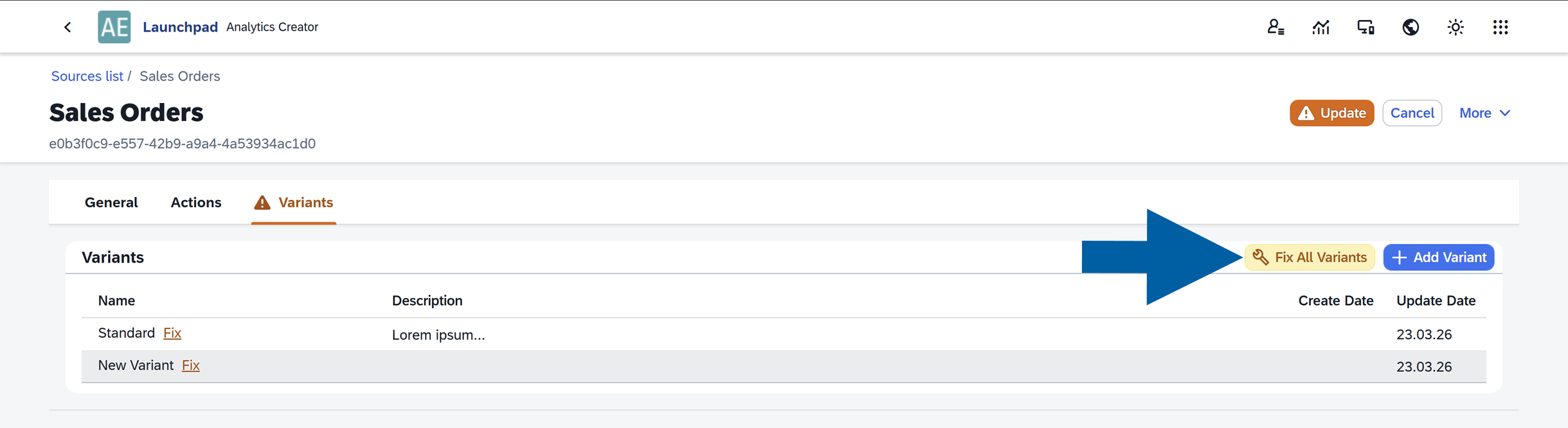 screen showing where to click to fix all variants