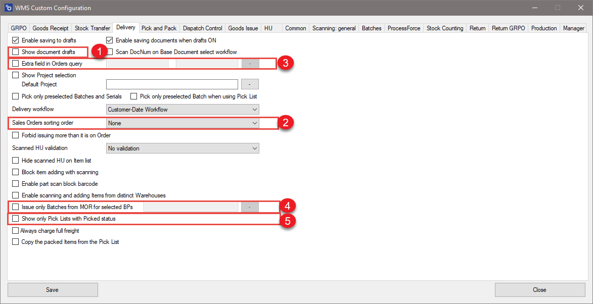 Screenshot of the WMS custom configuration menu highlighting delivery custom query access