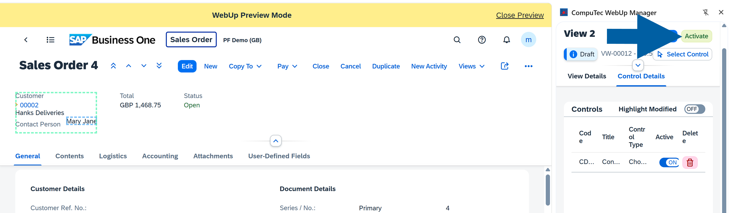 CompuTec WebUp Manager side panel open on a draft view showing the Activate button in the upper-right corner next to Preview