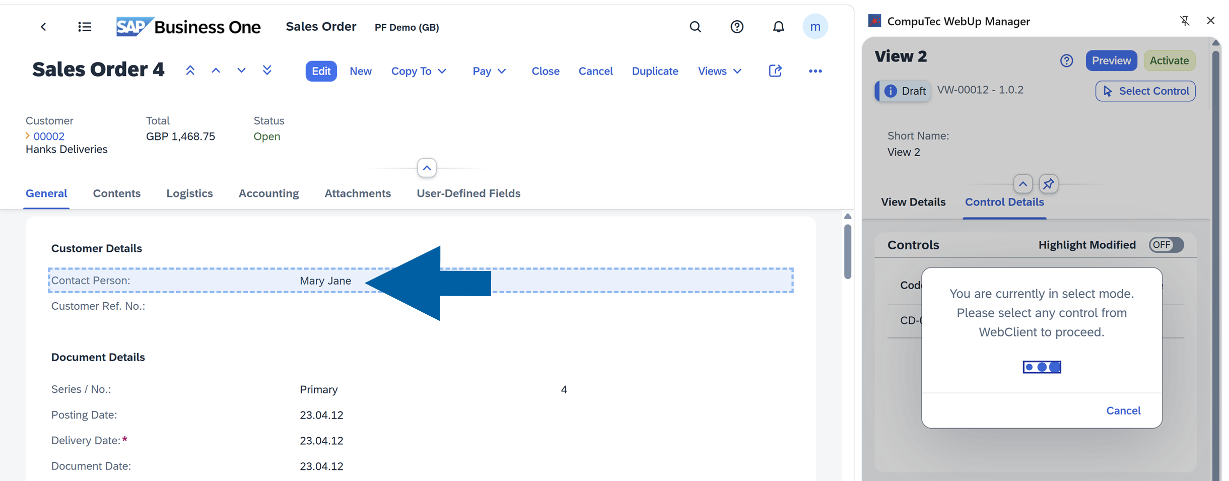 SAP Business One Sales Order screen in select mode with the Contact Person field highlighted as the chosen control