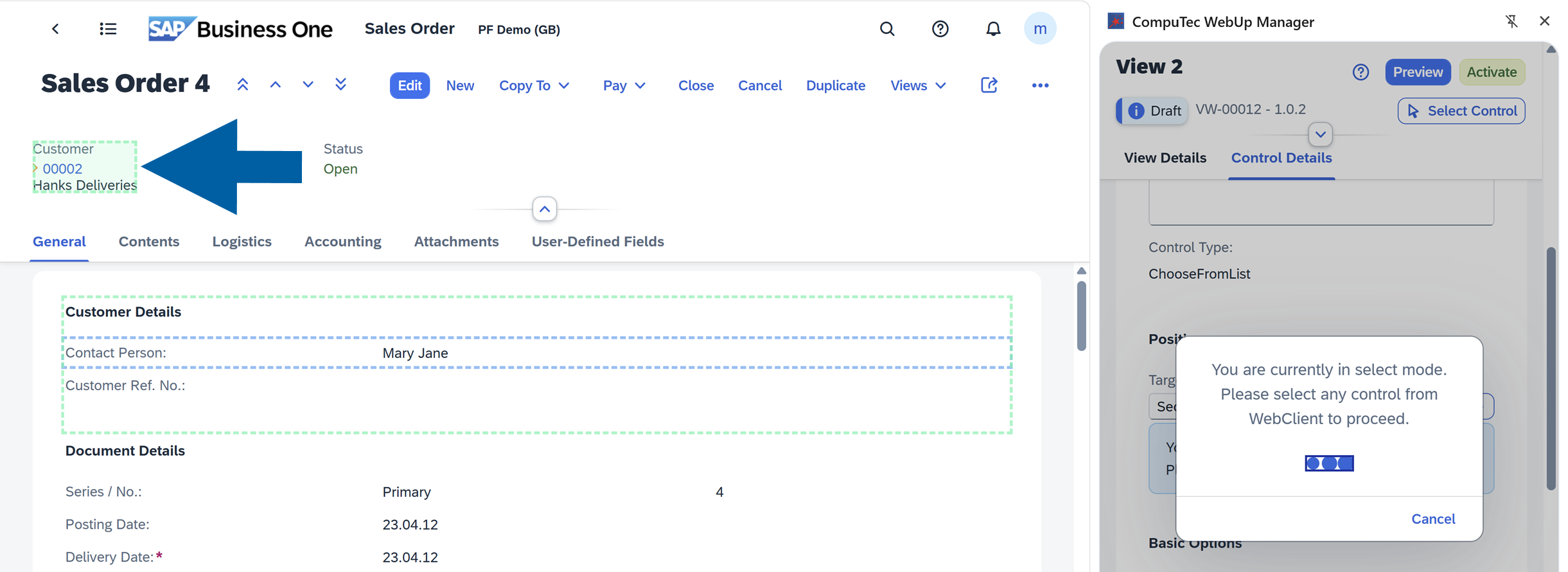 SAP Business One Web Client showing a section highlighted for placing the selected control in a new location
