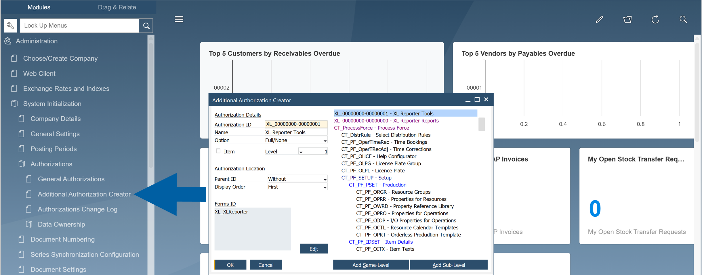 screen showing where to find Additional Authorization Creator in sap b1