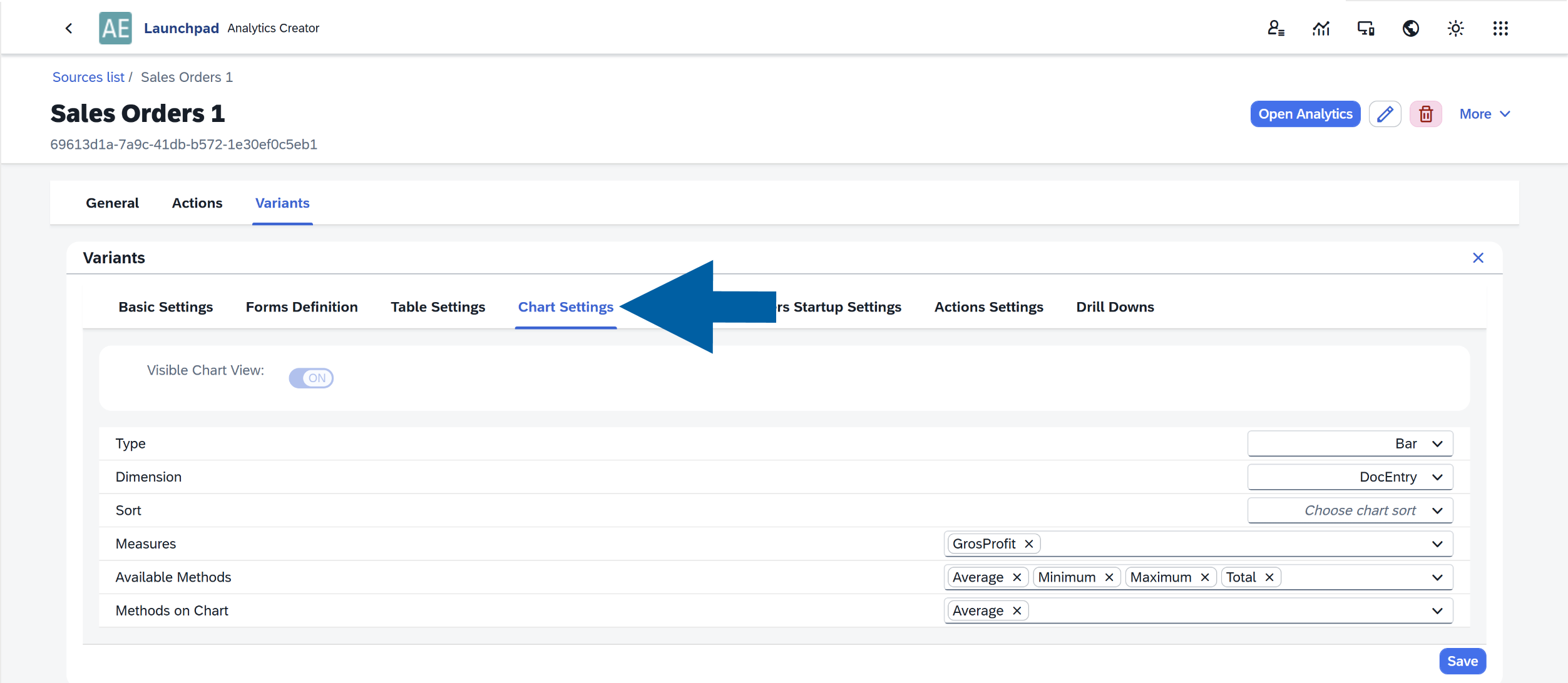 screen showing chart settings view