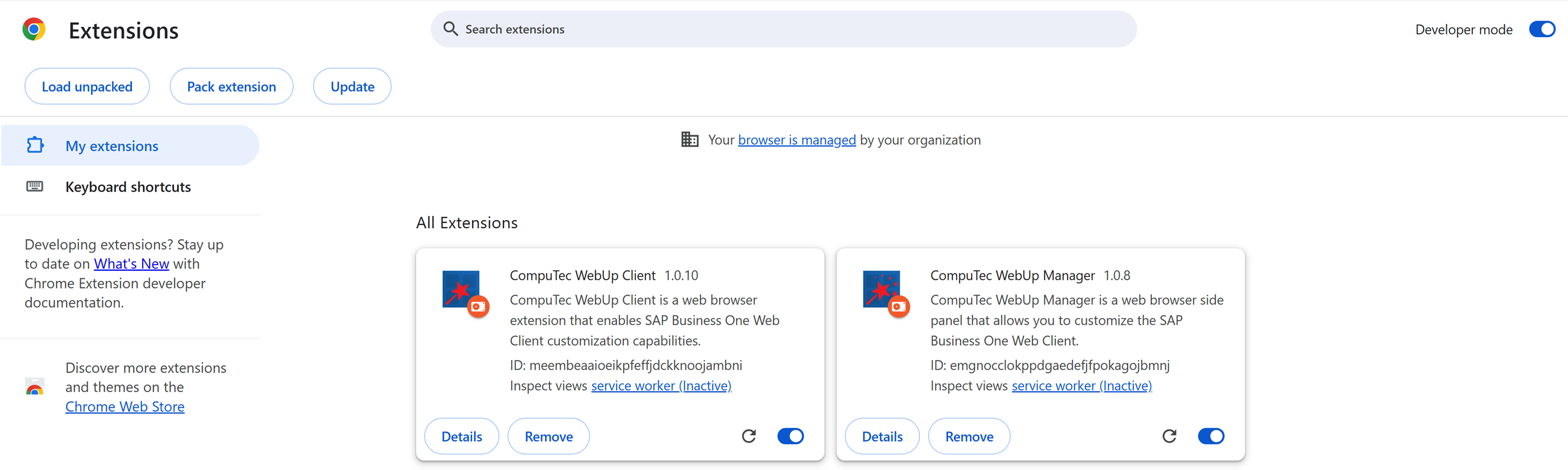 Google Chrome Extensions page listing CompuTec WebUp Client and CompuTec WebUp Manager as installed extensions