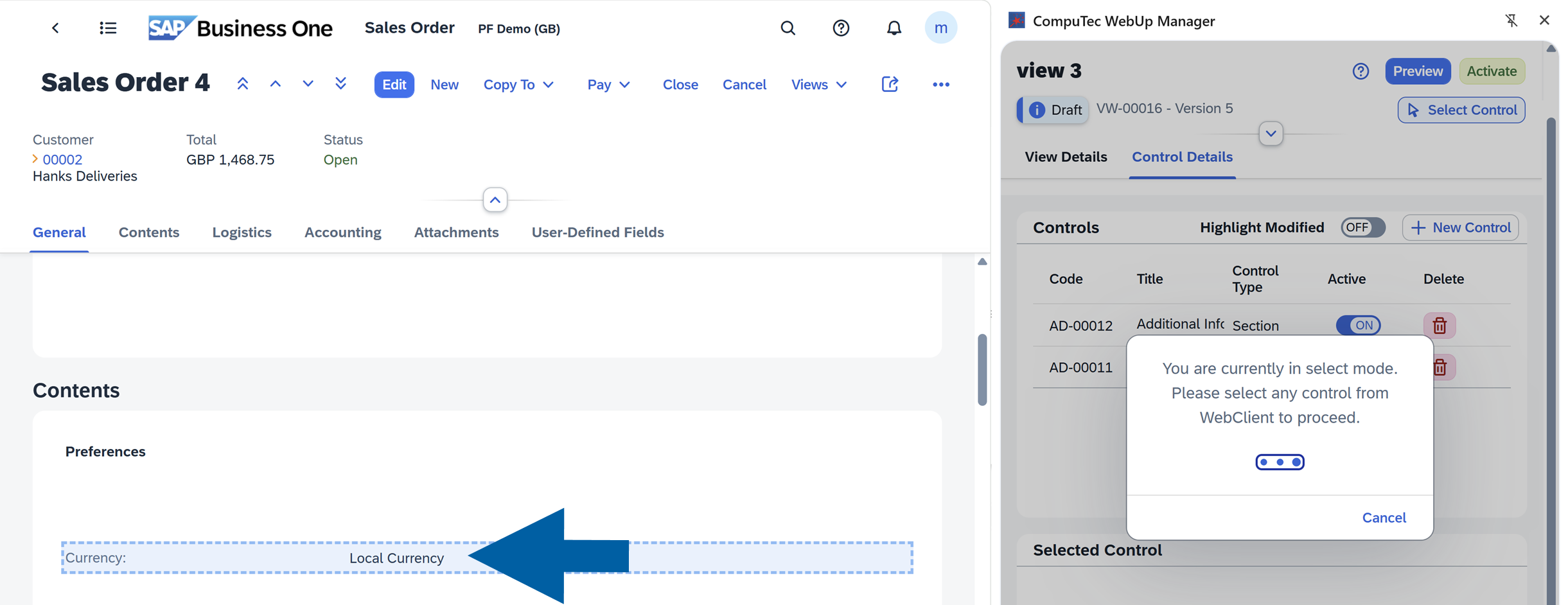 SAP Business One Sales Order screen in select mode with the Currency field highlighted as the chosen control