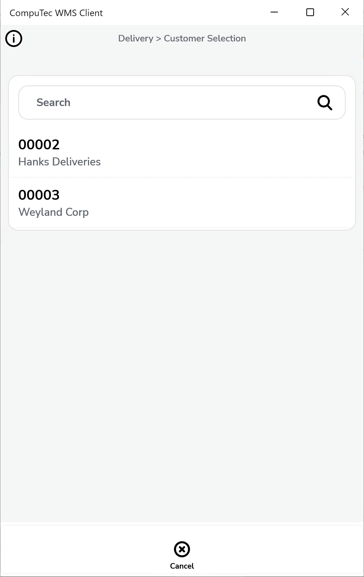 Delivery workflow date customer option showing customer selection screen