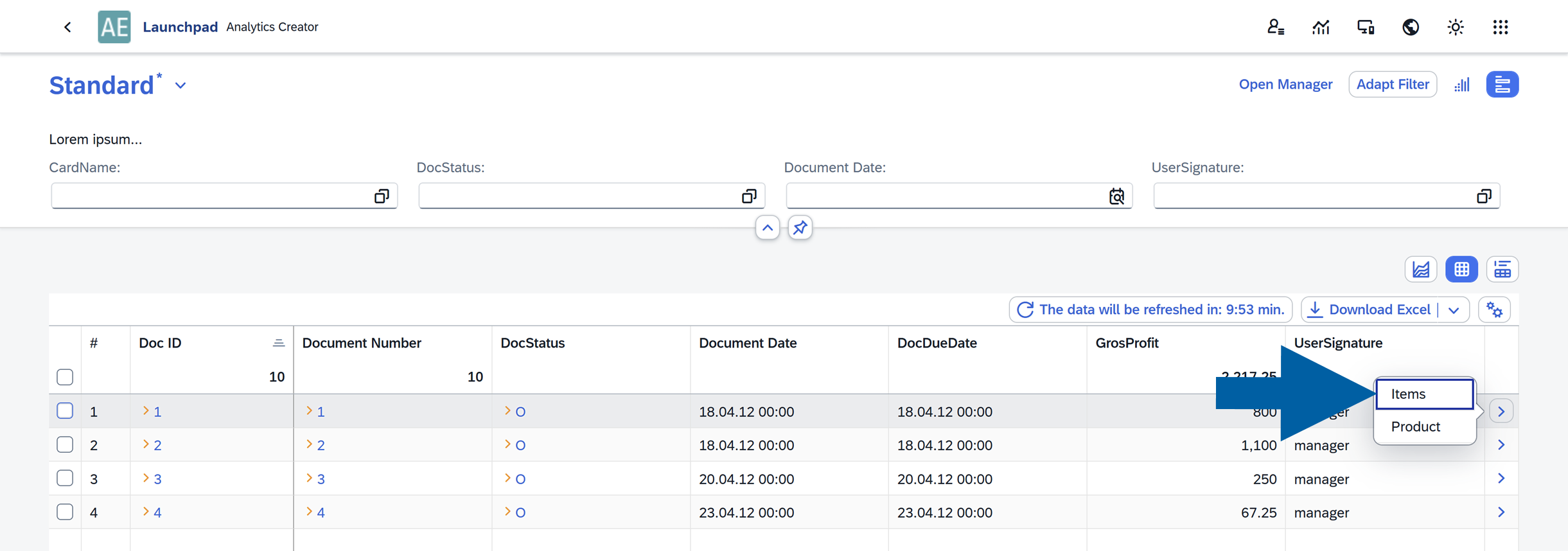 screen showing a view with multiple drill downs configured in one table report