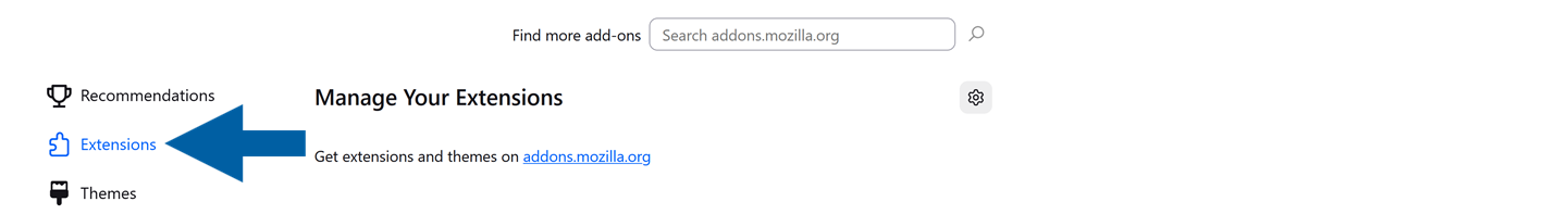 Mozilla Firefox add-ons page with Extensions section selected in the sidebar
