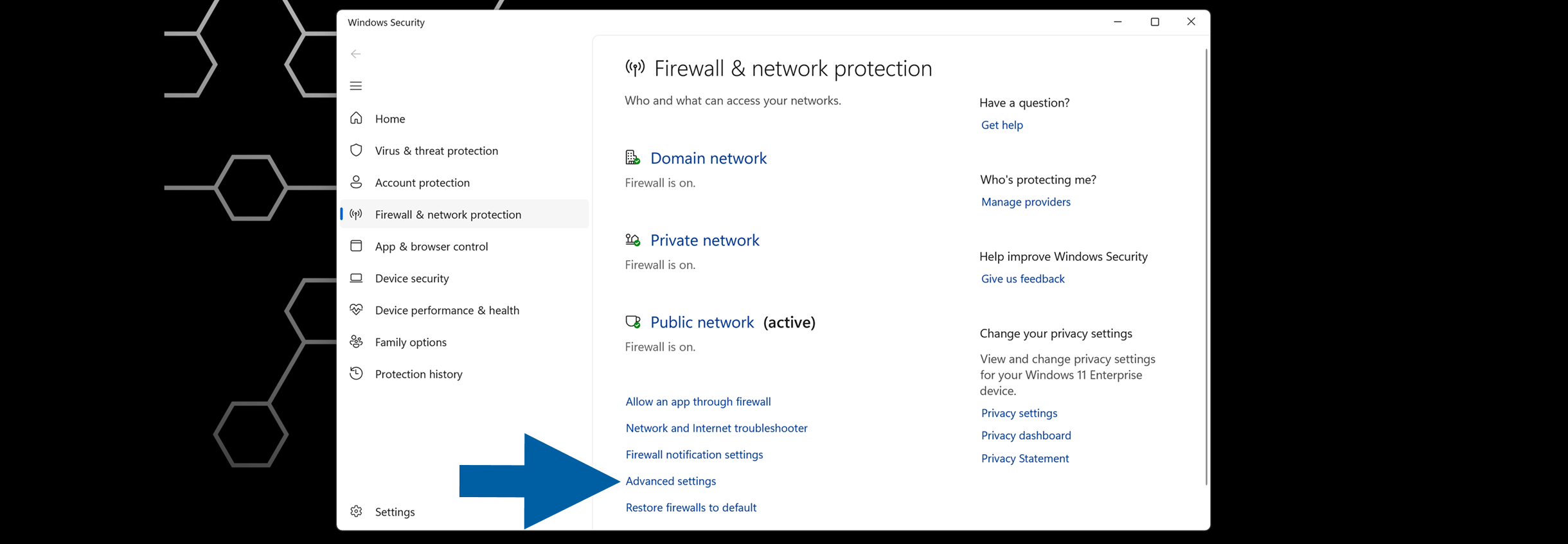Windows Security Firewall and network protection page showing domain private and public network status with Advanced settings link visible
