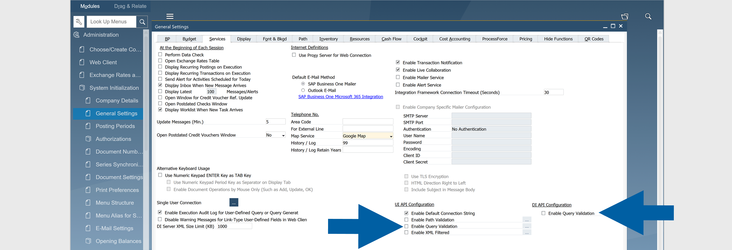 SAP Business One General Settings Services tab showing UI API Configuration and DI API Configuration sections. On the left, under UI API Configuration, checkboxes read: Enable Default Connection String, Enable Path Validation, Enable Query Validation, Enable XML Filtered with the Enable Default Connection String checked. On the right, under DI API Configuration, a single checkbox reads Enable Query Validation which is unchecked. The surrounding interface shows the Administration panel sidebar with General Settings selected and other system initialization options visible. The tone is instructional and neutral.